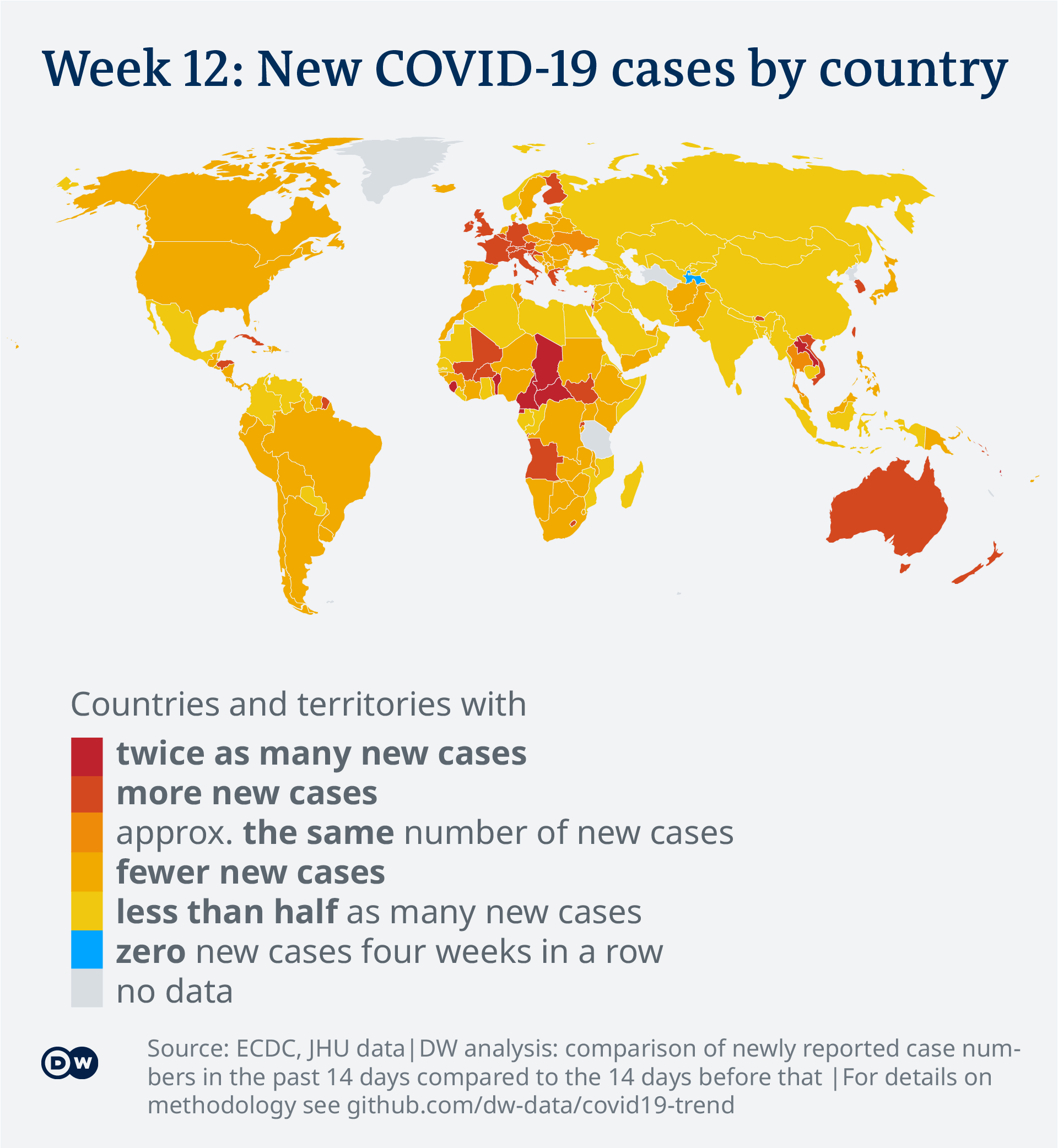 Data visualization: COVID-19 global new cases — map for the calendar week 12, 2022