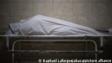 A corpse in the intensive care unit at the Hospital number 1 in Kyiv (Kiev), on March 24, 2022 during the Russian Invasion of Ukraine. Photo by Raphael Lafargue/ABACAPRESS.COM