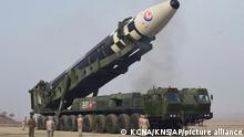 This photo distributed by the North Korean government shows what it says a Hwasong-17 intercontinental ballistic missile (ICBM) before its test-fire, at an undisclosed location in North Korea on March 24, 2022. Independent journalists were not given access to cover the event depicted in this image distributed by the North Korean government. The content of this image is as provided and cannot be independently verified. Korean language watermark on image as provided by source reads: KCNA which is the abbreviation for Korean Central News Agency. (Korean Central News Agency/Korea News Service via AP)