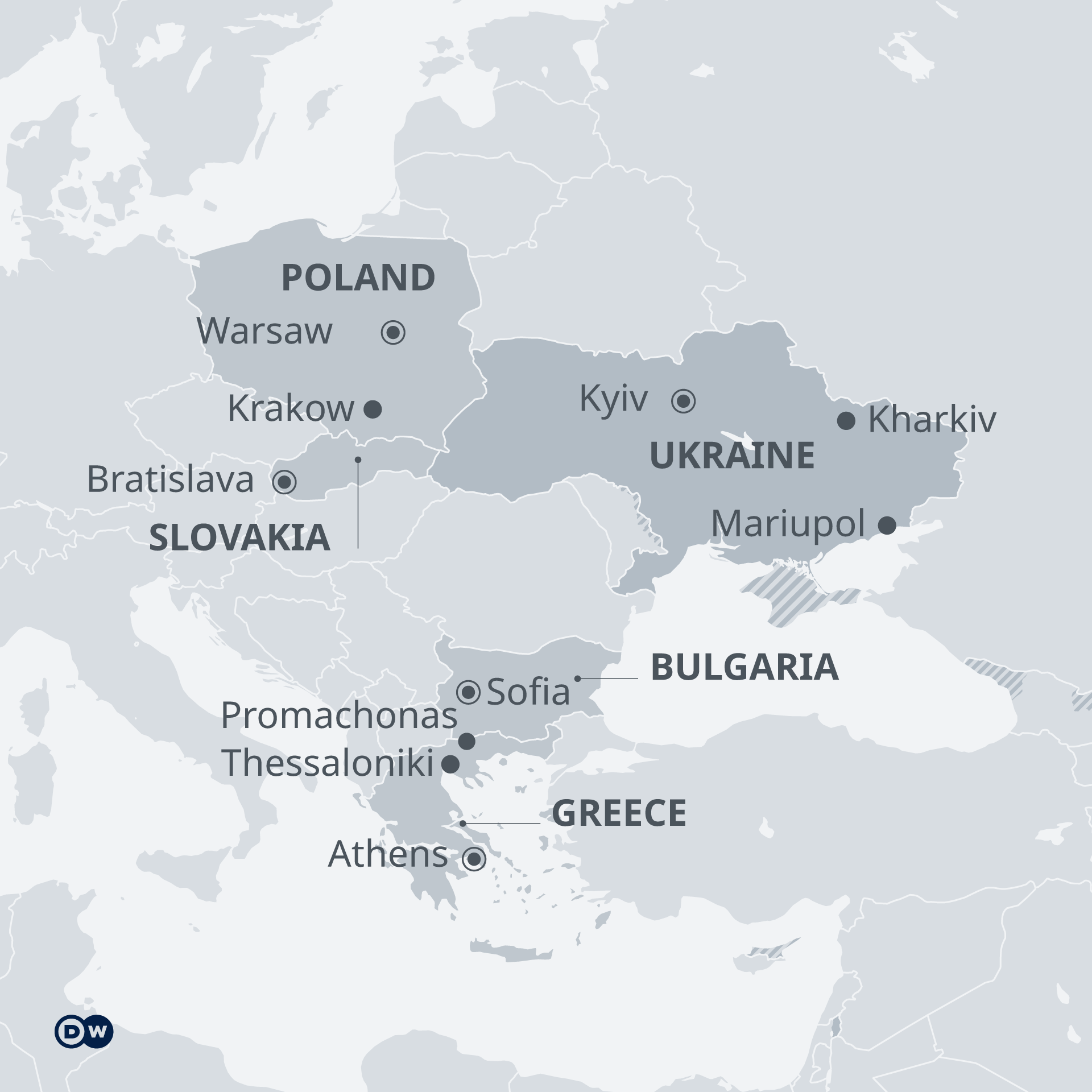 Map of Ukraine and neighboring countries Poland, Slovakia, Bulgaria, Greece