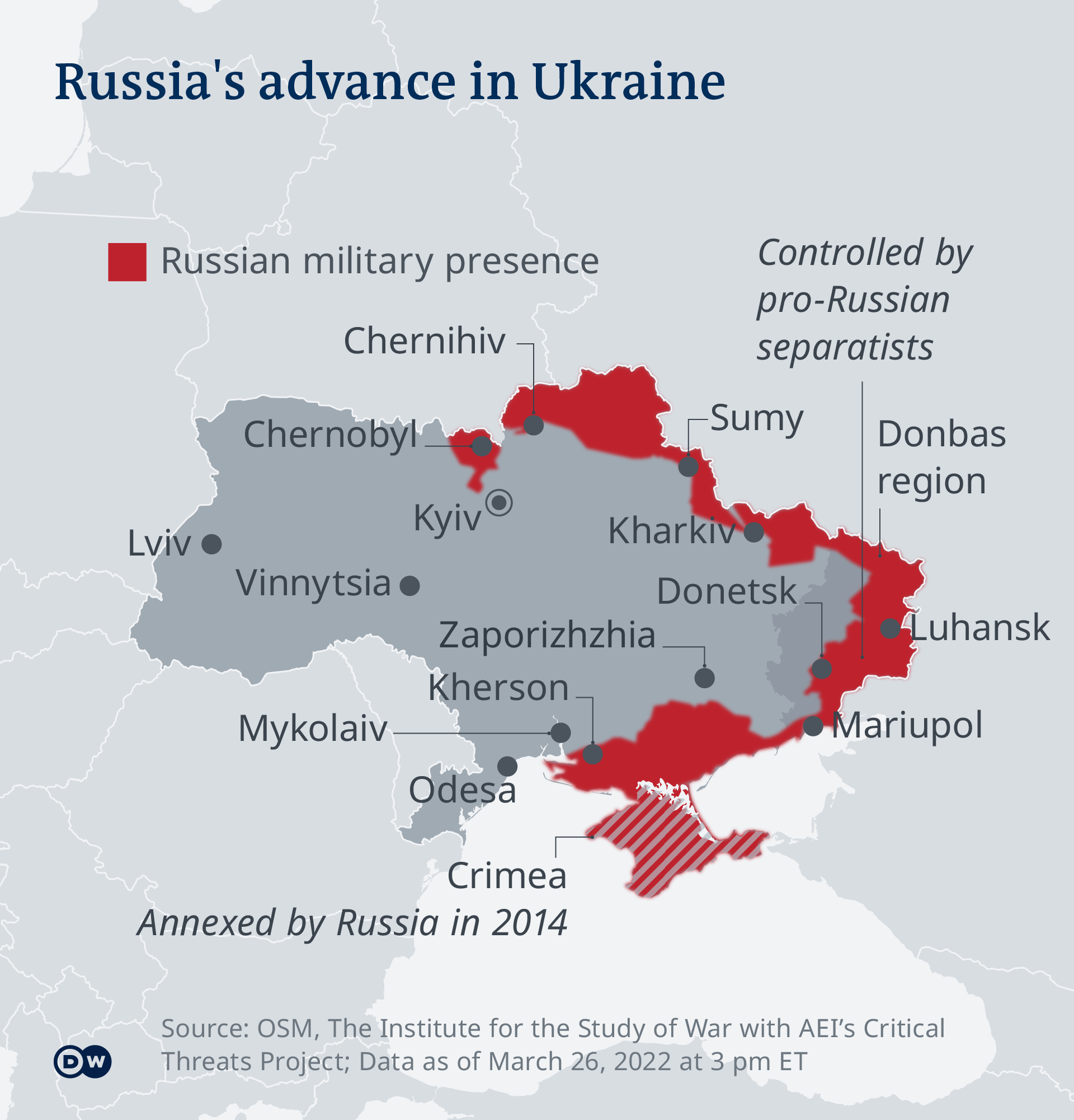 	An infographic showing areas in Ukraine under Russian control