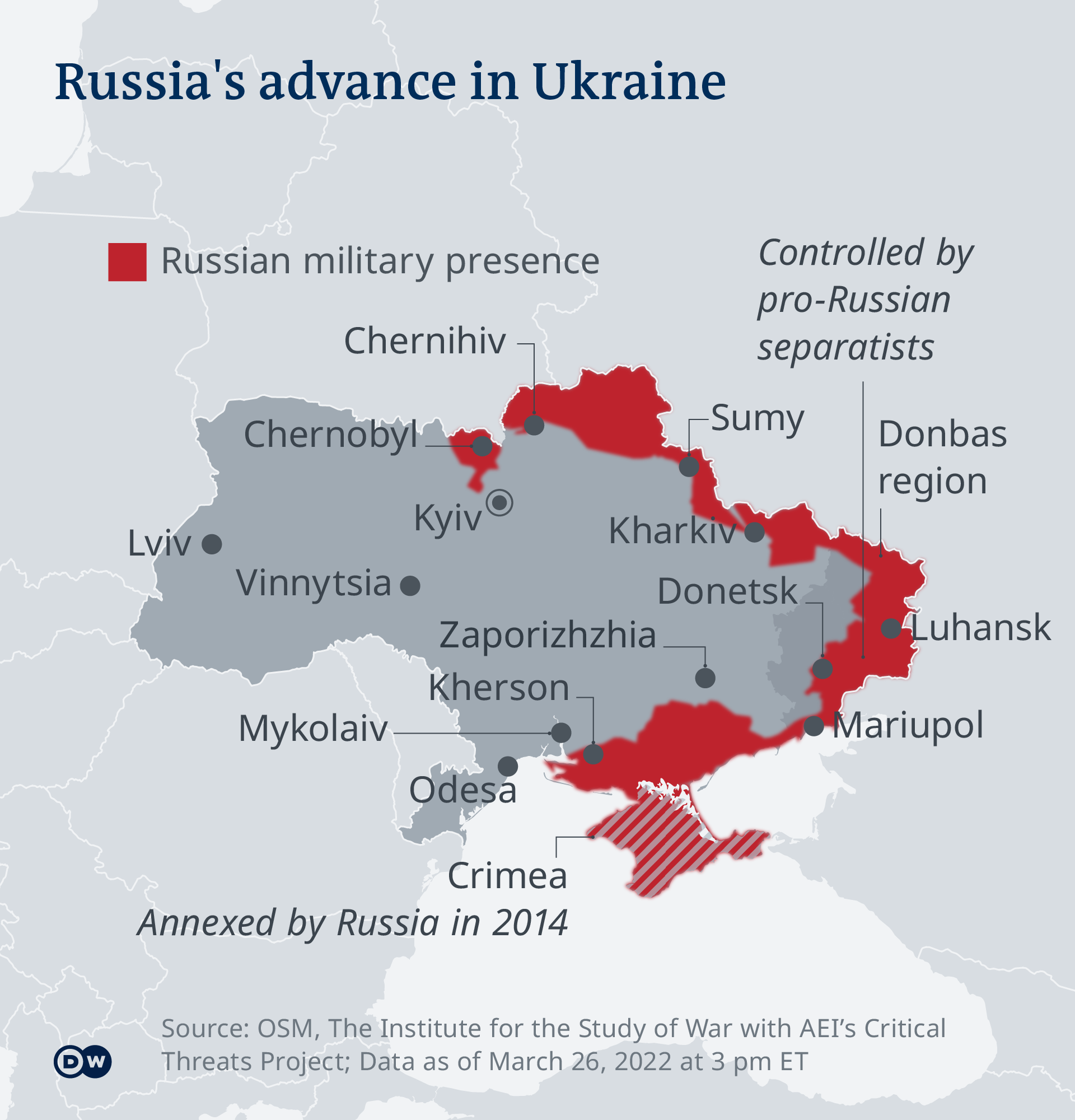  An infographic showing areas in Ukraine under Russian control