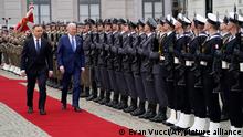 President Joe Biden participates in an arrival ceremony with Polish President Andrzej Duda at the Presidential Palace, Saturday, March 26, 2022, in Warsaw. (AP Photo/Evan Vucci)