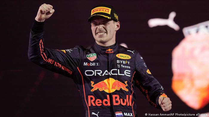 Red Bull driver Max Verstappen with his right fist in the air