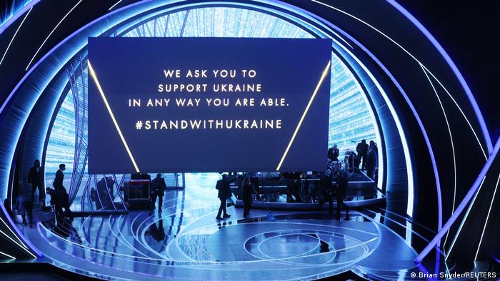 A message is projected showing support for Ukraine at the 94th Academy Awards in Hollywood, Los Angeles on March 27, 2022