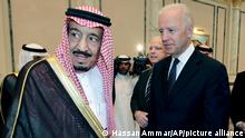 FILE - In this Oct. 27, 2011 file photo, then U.S. Vice President Joe Biden, right, offers his condolences to then Prince Salman bin Abdel-Aziz upon the death of his brother Saudi Crown Prince Sultan bin Abdul-Aziz Al Saud, at Prince Sultan palace in Riyadh, Saudi Arabia. President Joe Biden is expected to speak to Saudi King Salman for the first time in Biden’s just over a month-old administration. Coming as soon as Thursday, the conversation between the two strategic partners will be overshadowed by the expected release of U.S. intelligence findings on whether the king’s son approved the killing of a U.S.-based Saudi journalist. (AP Photo/Hassan Ammar)