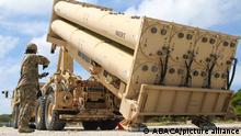 Handout file photo dated February 6, 2019 of U.S. Army Cpl. Rogelio Argueta, Patriot Launching Station Enhanced Operator-Maintainer, assigned with Task Force Talon, 94th Army Air and Missile Defense Command gives commands, during a practice missile reload and unload drills on a Terminal High Altitude Area Defense (THAAD) system trainer at Andersen Air Force Base, Guam. The US Army has announced that it has deployed the newly developed Terminal High-Altitude Area Defence (THAAD) remote launch capability, in the Commonwealth of the Northern Mariana Islands (CNMI). The move was to demonstrate the capability of the THAAD system in defending the islands, located in the north-western Pacific Ocean. This comes after a THAAD launcher was moved from Guam to Rota, CNMI. E-3 Air Defense Battery, as well as the Joint Region Marianas, Pacific Air Forces, and several Air Force wings, supported the deployment. Army photo by Capt. Adan Cazarez via ABACAPRESS.COM