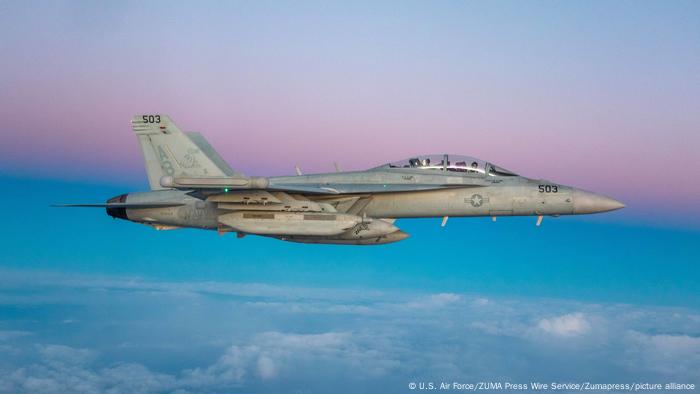 An EA-18G Growler flies over the Aegean Sea in support of enhanced air patrols