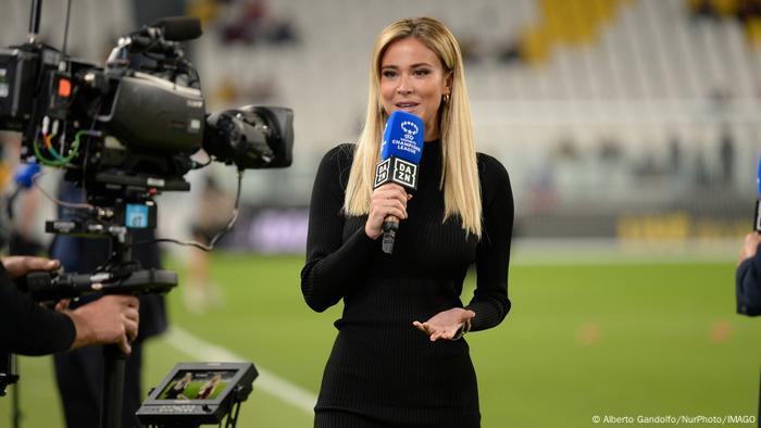 DAZN presenter Diletta Leotta pitchside before a UEFA Women's Champions League game between Juventus and Chelsea