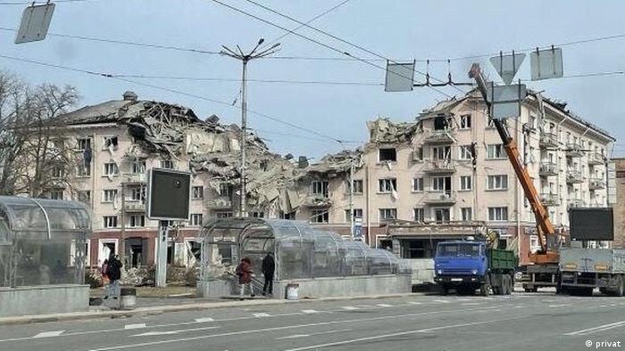A damaged building in Chernihiv