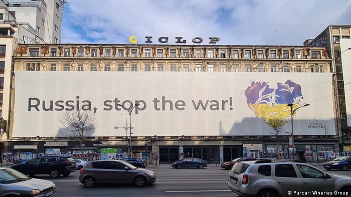 Purcari has also put up a large banner in Bucharest asking Russia to stop the war