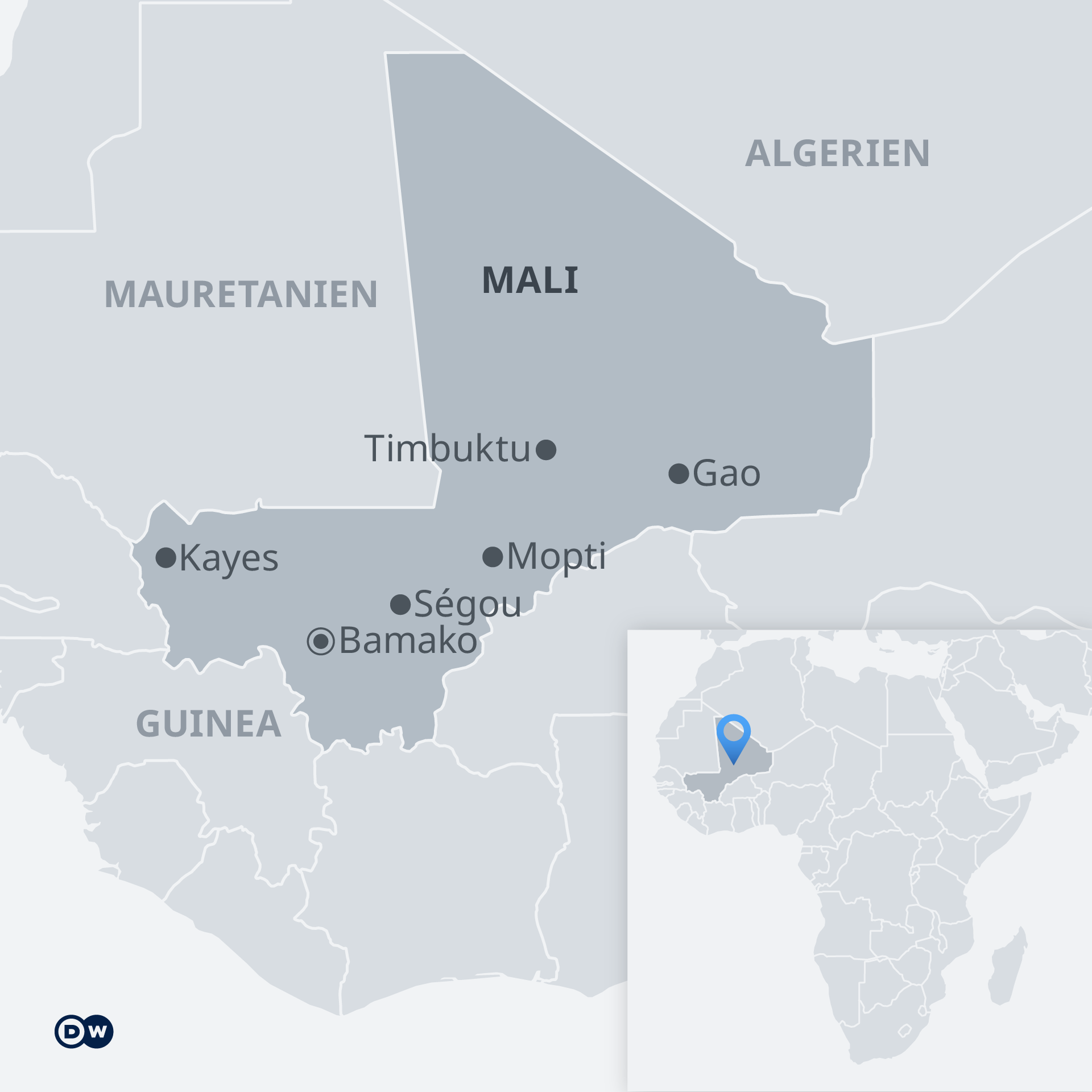 Karte des westafrikanischen Staates Mali mit den wichtigsten Städten