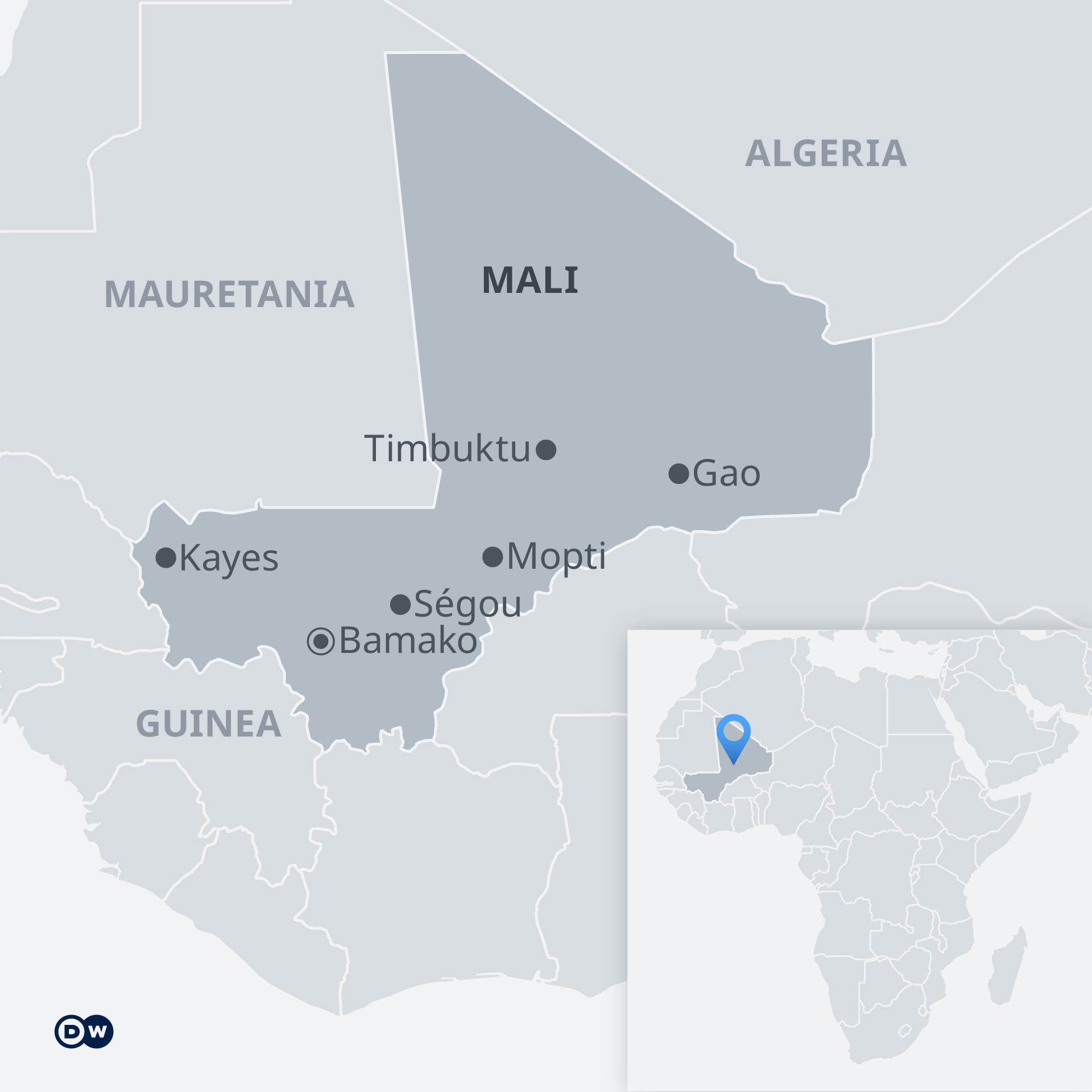 Map of the West African state of Mali, an insert shows Mali´s situation in Africa