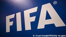 A picture shows the FIFA logo during a press conference held by the president of the football's governing body at the FIFA Executive Football Summit on February 15, 2019 in Istanbul. (Photo by OZAN KOSE / AFP) (Photo credit should read OZAN KOSE/AFP via Getty Images)