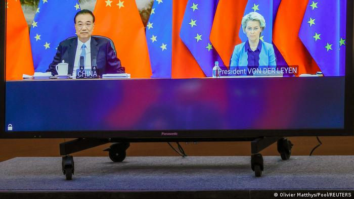 Chinese Premier Li Keqiang and European Commission President Ursula von der Leyen speak during the videoconference.