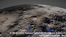 Cryovolcanic Activity Creates Unique Structures
New Horizons mission scientists have determined that cryovolcanic activity most likely created unique structures on Pluto not yet seen anywhere else in the solar system. The amount of material required to create the formations suggest its interior structure retained heat at some point in its history, enabling water-ice-rich materials to build up and resurface the region through cryovolcanic processes. The surface and atmospheric hazes of Pluto are shown here in greyscale, with an artistic interpretation of how past volcanic processes may have operated superimposed in blue.