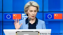 European Commission President Ursula von der Leyen speaks during a press conference after a virtual summit with China's President in Brussels on April 1, 2022. (Photo by Kenzo TRIBOUILLARD / AFP)