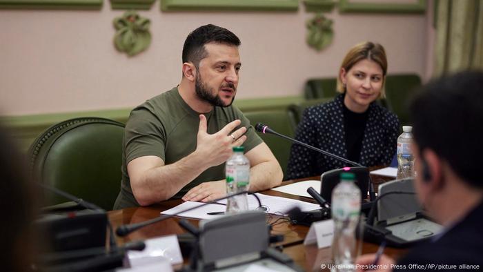 In this photo provided by the Ukrainian Presidential Press Office, Ukrainian President Volodymyr Zelenskyy speaks during a meeting in Kyiv