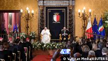 Pope Francis meets with Maltese President George Vella in the Ambassadors' Chamber of the Grand Master's Palace in Valletta, Malta, April 2, 2022. Vatican Media/­Handout via REUTERS ATTENTION EDITORS - THIS IMAGE WAS PROVIDED BY A THIRD PARTY.