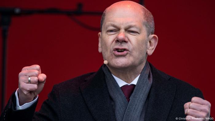 German Chancellor Olaf Scholz speaks during a SPD campaign event in Essen 