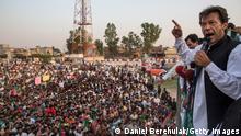NAROWAL, PAKISTAN - MAY 02: Imran Khan, chairman of the Pakistan Tehreek e Insaf (PTI) party, addresses supporters during an election campaign rally on May 01, 2013 in Narowal, Pakistan. Pakistan's parliamentary elections are due to be held on May 11. Imran Khan of Pakistan Tehreek e Insaf (PTI) and Nawaz Sharif of the Pakistan Muslim League-N (PMLN) have been campaigning hard in the last weeks before polling. (Photo by Daniel Berehulak/Getty Images)