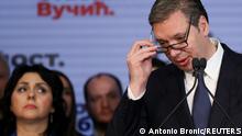 Serbian President and presidential candidate Aleksandar Vucic reacts as he speaks after the results of the presidential election, in Belgrade, Serbia, April 3, 2022. REUTERS/Antonio Bronic