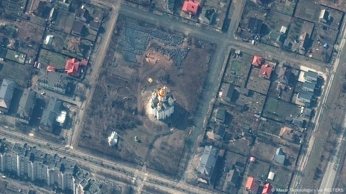 Aerial view of mass grave in Bucha, Ukraine - photo from March 31, 2022