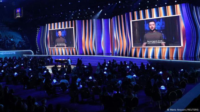 Ukraine's President Volodymyr Zelenskyy addresses the audience of the 64th Annual Grammy Awards 