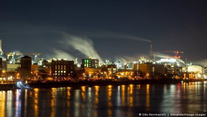BASF's massive production facility in Ludwigshafen, Germany, at night