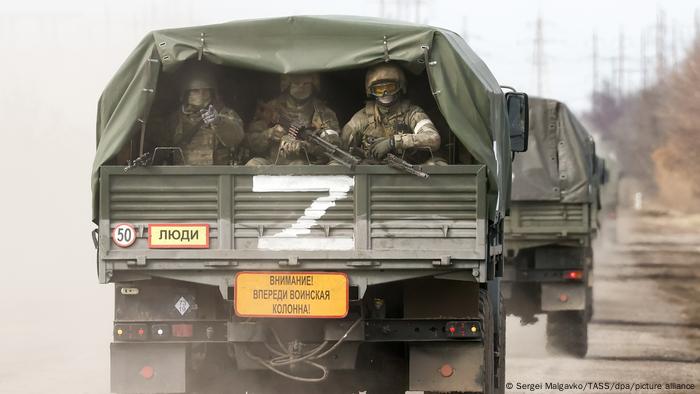 A Russian military vehicle with the letter Z painted on the back