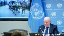 Ambassador Vassily Nebenzia, permanent representative of the Russian Federation to the United Nations speaks to the media at the United Nations Headquarters regarding supposed humanitarian atrocities perpetrated by the Russian military against the Ukrainian civilians, on April 4, 2022, in New York City, USA. As the Russian military continues to regroup and retreat form the northern region of Ukraine, outrage begins to sweep across many parts of the world when a mass grave was discovered with hundredths of bodies in Bucha. The Russian Federation denies the charges citing that certain events were staged in an attempt to villyfy their military. (Photo by John Lamparski/NurPhoto)