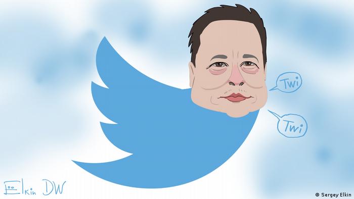 Karikatur | Twitter-Symbol mit dem Kopf von Elon Musk mit Sprechblasen Twi, twi.
