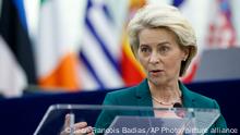 05.04.2022
European Commission President Ursula von der Leyen attends a debate on the political priorities for the two years on, Tuesday, April 5, 2022 at the European Parliament in Strasbourg, eastern France. (AP Photo/Jean-Francois Badias)