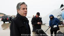 U.S. Secretary of State Antony Blinken speaks to members of the media, before departing for Brussels, Tuesday, April 5, 2022 at Andrews Air Foce Base, Md. (Evelyn Hockstein, Pool via AP)