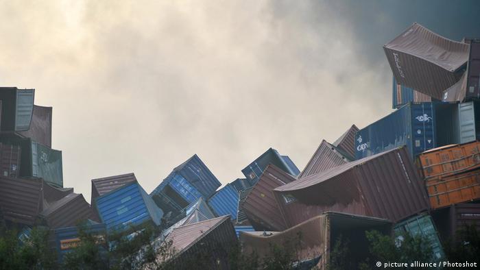 A stack of containers that collapsed after an explosion in Tianjin, China