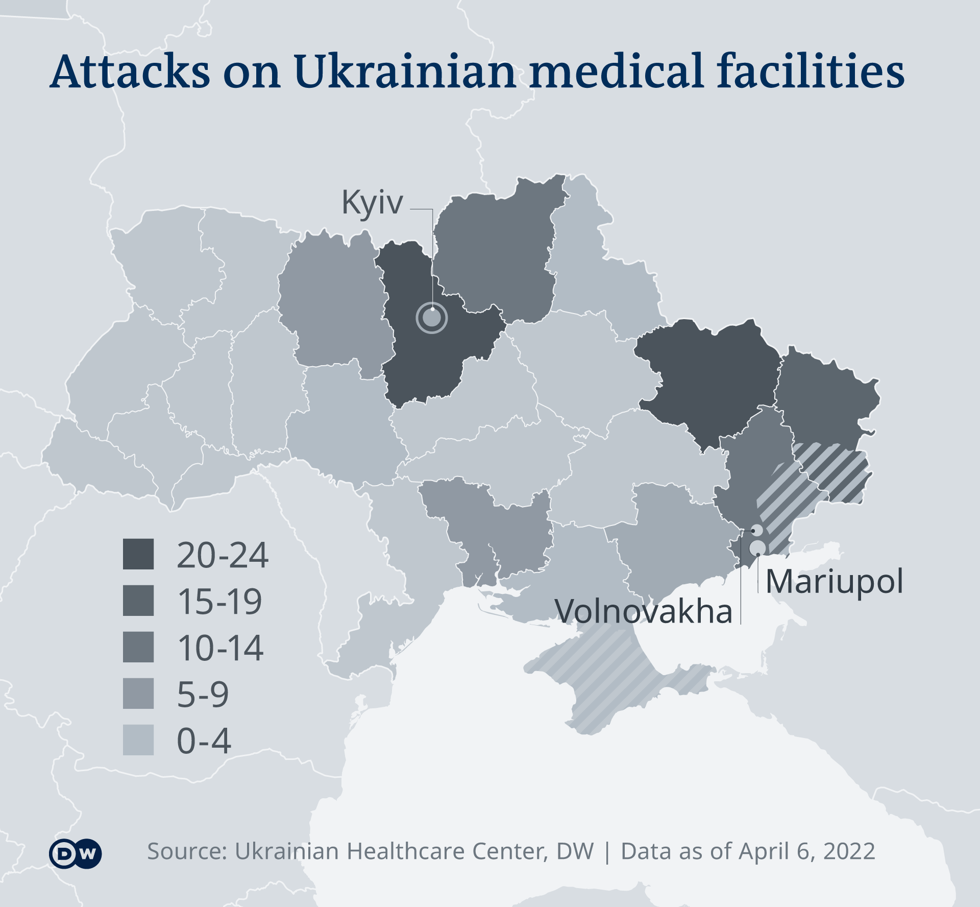 Map showing attacks on hospitals in Ukraine by region