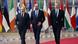Left to right: Armenia Prime Minister Nikol Pashinyan, European Commission chief Charles Michel and Azerbaijan President Ilham Aliyev walk down a hall at the Brussels summit Left to right: Armenia Prime Minister Nikol Pashinyan, European Commission chief Charles Michel and Azerbaijan President Ilham Aliyev walk down a hall at the Brussels summit