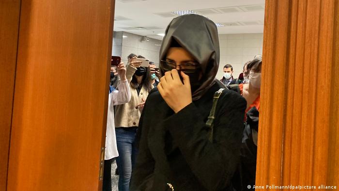 Hatice Cengiz enters the courtroom at Istanbul's Caglayan Court as judges rule on the prosecution's demand to end the trial and refer it to Saudi authorities