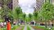 A prototype image of a refurbished street with gras, trees, pedestrian lanes and bike lanes A prototype image of a refurbished street with gras, trees, pedestrian lanes and bike lanes