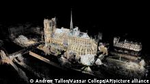 This image provided by Vassar College on Thursday, April 18, 2019 shows a 3D map of Notre Dame cathedral. Images by the late associate art professor Andrew Tallon, who used lasers to scan Notre Dame to offer a detailed survey of the cathedral. Tallon did the work to try to get into the minds of the buildings, to figure out what made the structure stand up. (Andrew Tallon/Vassar College via AP)