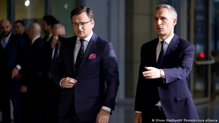 Ukraine's Foreign Minister Dmytro Kuleba (left) and NATO Secretary General Jens Stoltenberg, Brussels, April 7, 2022