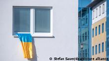 Eine ukrainische Fahne weht an einem Fenster in Greifswald. +++ dpa-Bildfunk +++
