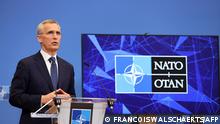 NATO Secretary General Jens Stoltenberg gestures as he addresses media representatives at a press conference following a meeting of NATO foreign ministers at NATO Headquarters in Brussels on April 7, 2022. (Photo by François WALSCHAERTS / AFP)