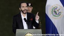 Salvadoran President Nayib Bukele delivers a speech during the graduation of new military personnel, at the Captain General Gerardo Barrios Military School, in Antiguo Cuscatlan, El Salvador, on April 4, 2022. (Photo by Marvin RECINOS / AFP) (Photo by MARVIN RECINOS/AFP via Getty Images)