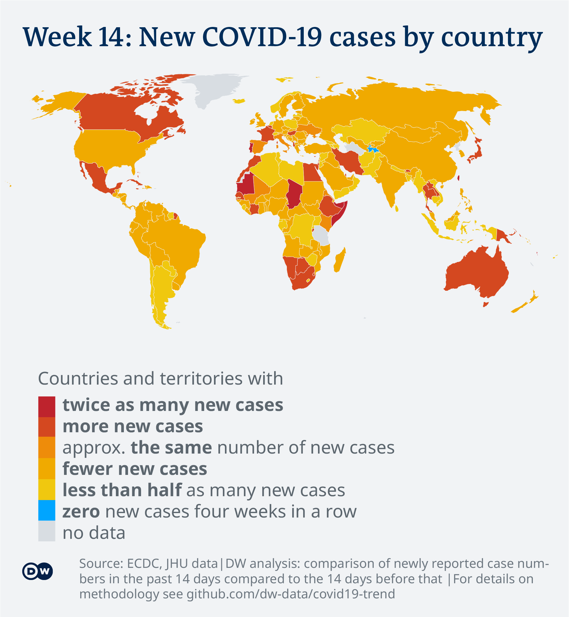 Data visualization: COVID-19 global new case numbers trend - map calendar week 14, 2022