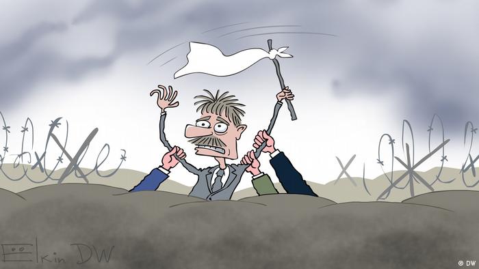 Карикатура Сергея Елкина - пресс-секретарь президента России Владимира Путина Дмитрий Песков показывает белый флаг, несколько рук пытаются утянуть его обратно в окопы.