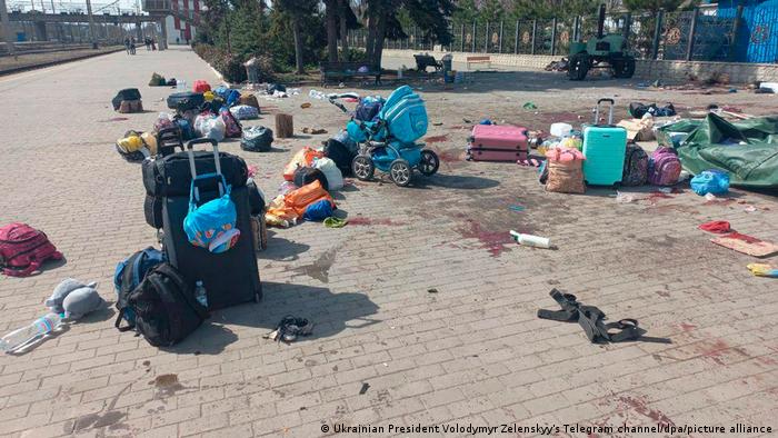 Blood stains can be seen between bags and a baby carriage scattered on a platform after Russian shelling of the train station in Kramatorsk, Ukraine on April 8, 2022.