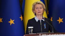 European Commission President Ursula von der Leyen speaks at a news conference, as Russia's invasion of Ukraine continues, in Kyiv, Ukraine, April 8, 2022. REUTERS/Janis Laizans