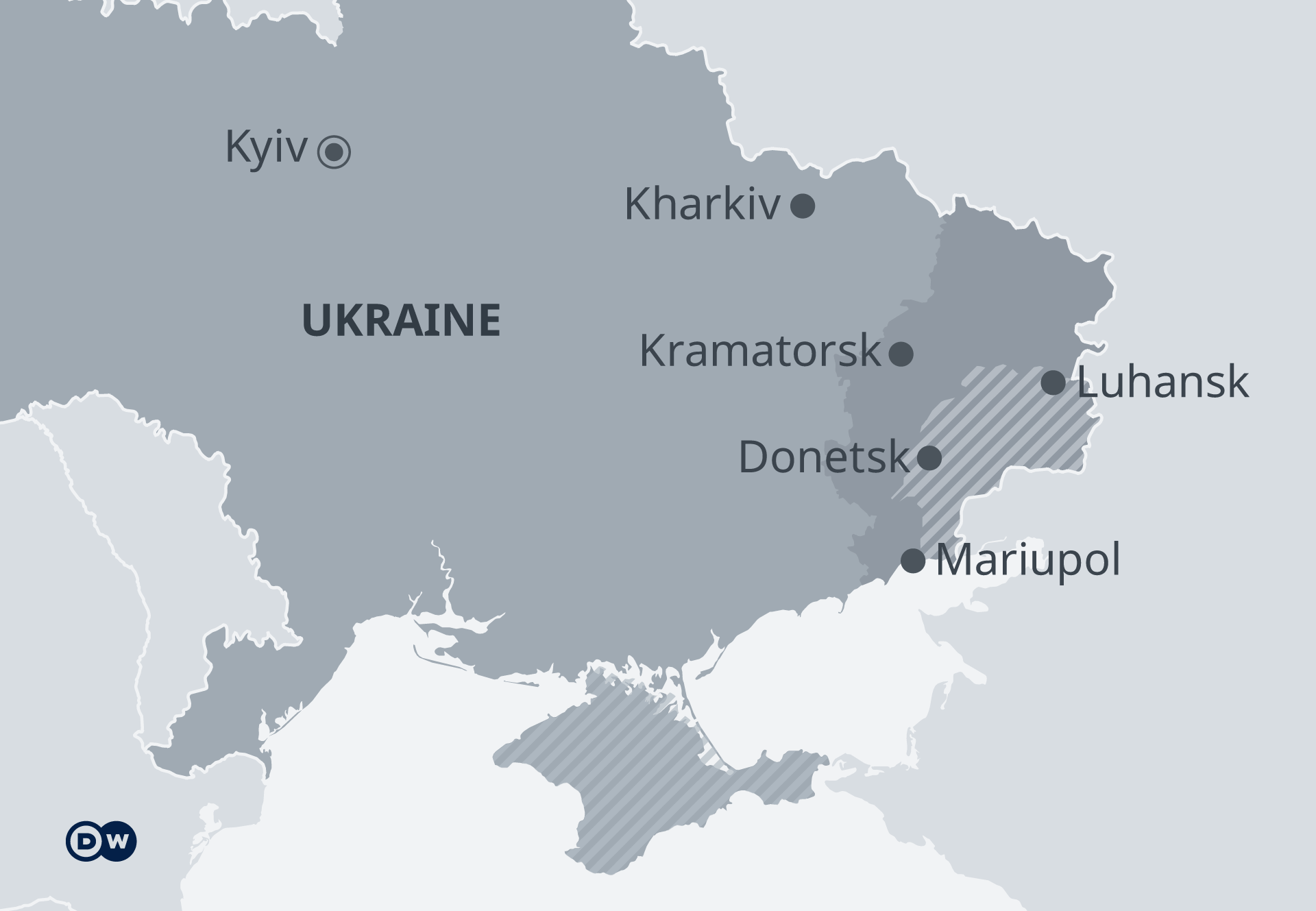 A map showing the main cities in eastern Ukraine