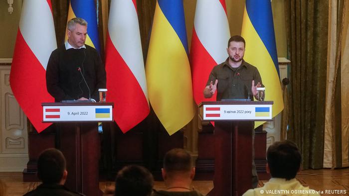 Austrian Chancellor Karl Nehammer and Ukrainian President Volodymyr Zelenskyy attend a joint news conference